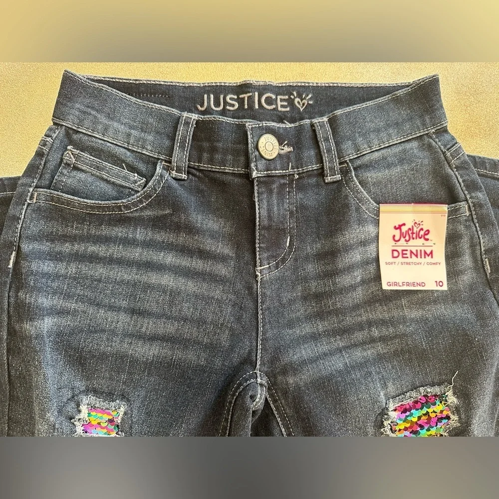 Justice Girls Girlfriend Jeans Size 10 | Rainbow Sequin Distressed Denim (1218)